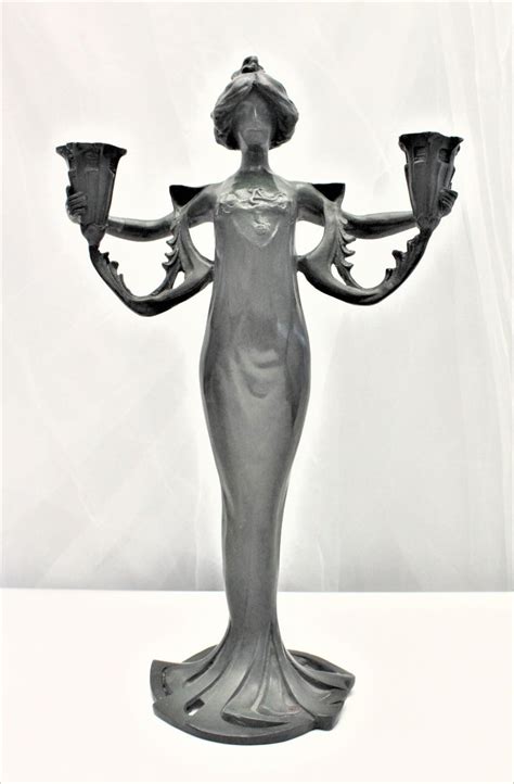 Antique Cast Metal Art Nouveau Figural Candle Holder Of A Robed Female