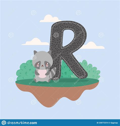 Raccoon With Letter R Abc Alphabet Vector Illustration