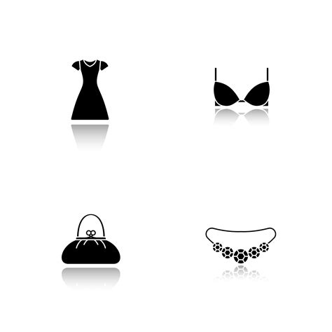 Women's clothes and accessories. Drop shadow black icons set. Sun frock