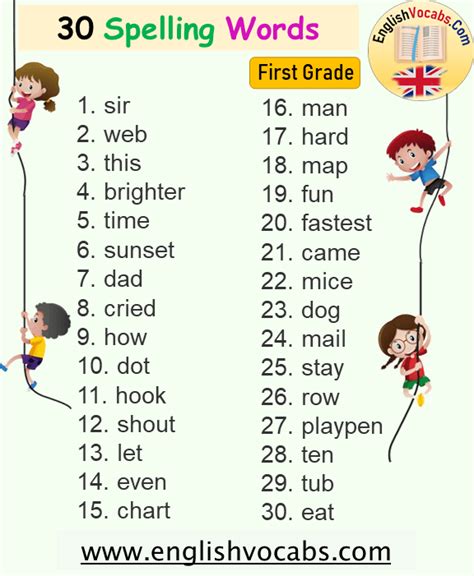 Spelling Words First Grade Words For 1st Graders To Spell English Vocabs