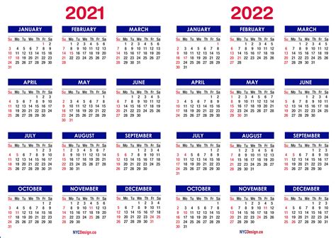 2021 2022 Two Year Calendar With Holidays Printable Free Blue