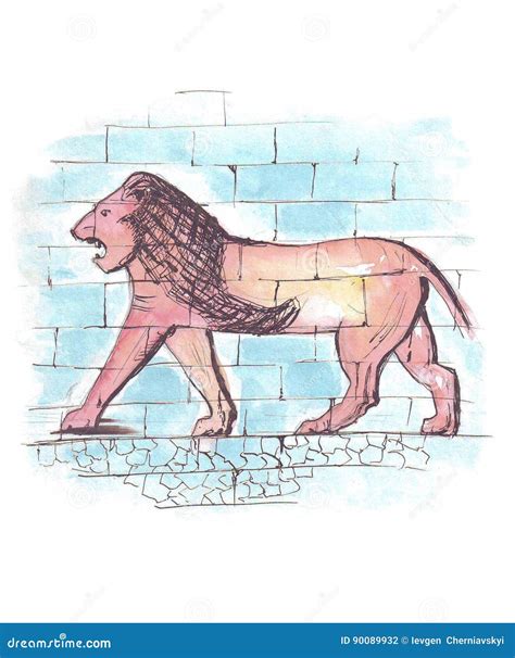 Lion Depicted On The Ishtar Gate Of Babylon Freehand Drawing Stock