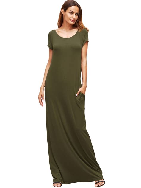 Army Green Pocket Short Sleeve Maxi Dress