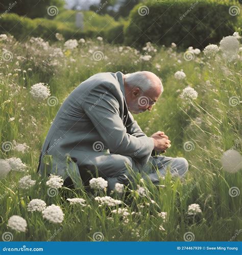 Image of Someone Kneeling by a Grave in an Overgrown Garden Mourning