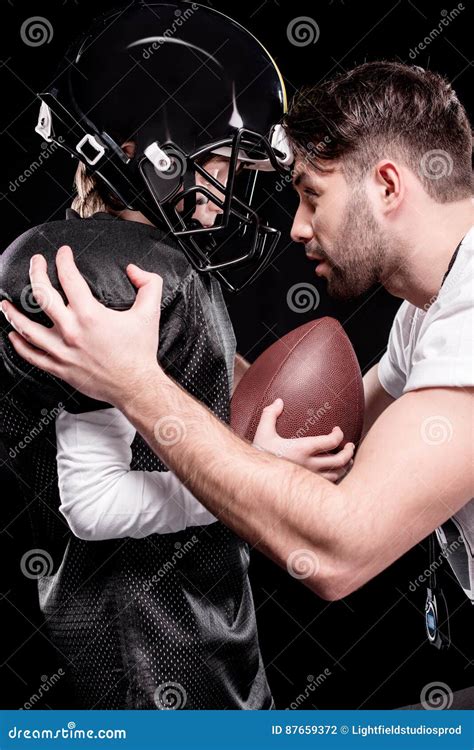 Trainer Instructing Boy American Football Player Stock Photo Image Of