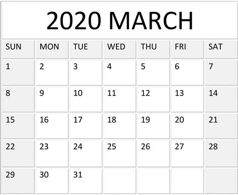 Printable Calendar March 2020 March 2020 Calendar Printable Template
