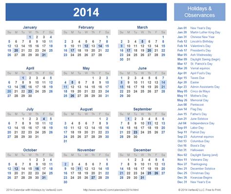 Get Your 2014 Us Calendar Printed Today With Holidays