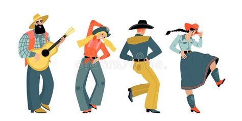 Set Of People Dancing Country Dance And Musician With Guitar Stock