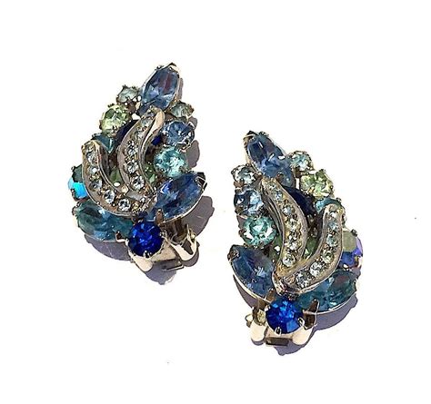 Vintage Earrings By Weiss Light And Dark Blue Rhinestones Etsy