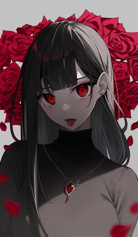 Star Red Eyes Tongue Out Pale Anime Anime Girls Rose Black Hair X Wallpaper