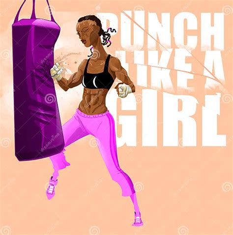 Fighting Woman Pounding Hard In Punching Bag Stock Illustration
