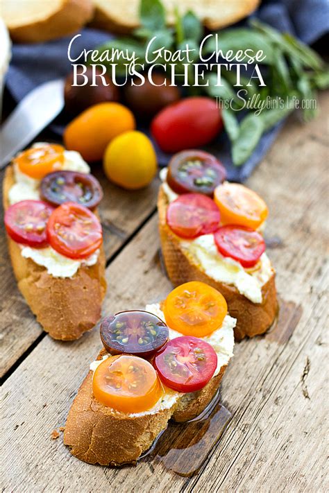 Spread cheese out on bread, top with roasted tomatoes, fresh basil, and a drizzle of balsamic reduction. Creamy Goat Cheese Bruschetta - This Silly Girl's Kitchen