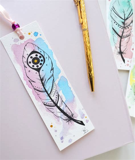 Watercolor Bookmark Feather Watercolor Art Book Lover Gift Etsy