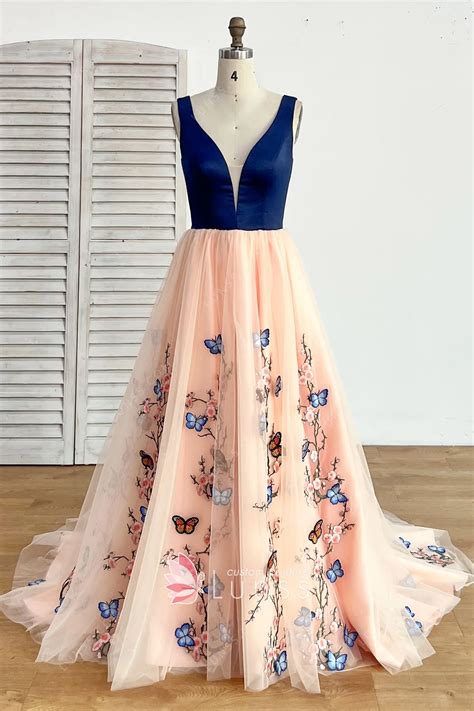Butterflies And Peach Blossom Adorned Formal Dress Lunss