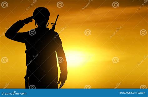 Silhouette Saluting Soldier Against The Sunset Stock Vector