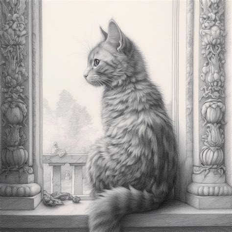 Premium Ai Image A Black And White Drawing Of A Cat Looking Out A Window