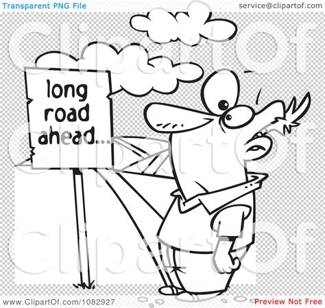 Clipart Outlined Man Facing A Long Road Ahead Sign And A Hilly Path