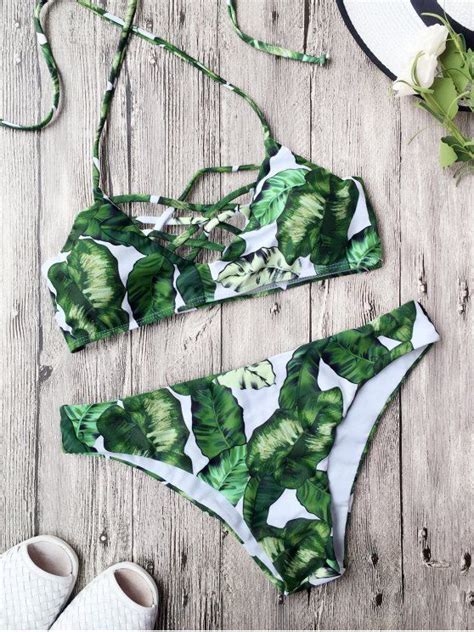 Padded Leaf Print Strappy Bikini Green Strappy Bikini Bikinis For