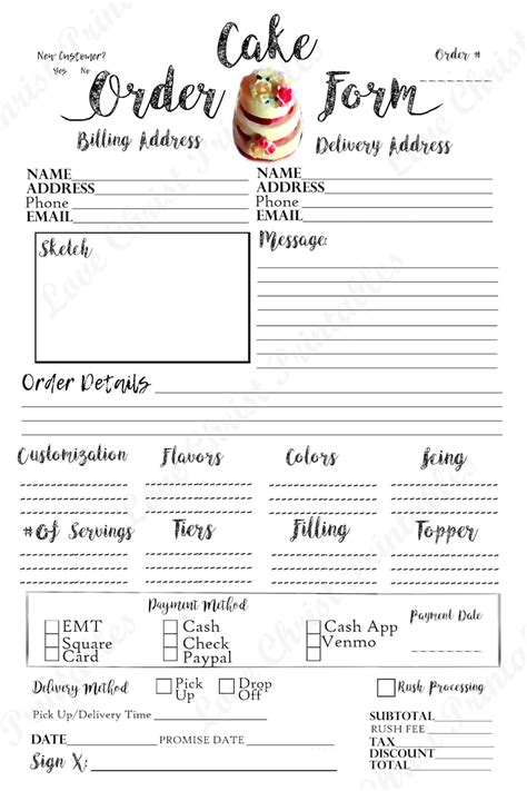 Cake Order Form Bakery Order Form Order Form Printable Etsy