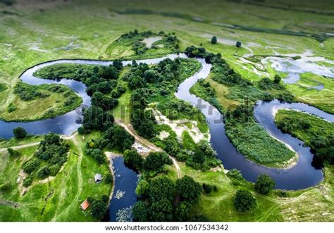 Top View Valley Meandering River Among Stock Photo 1067534342