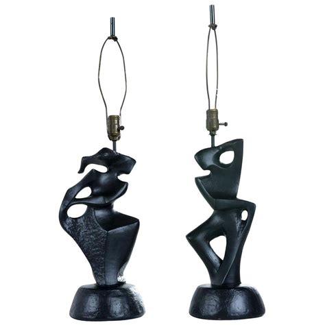 Black Ceramic Modern Cubist Figural Male And Female Table Lamps By Rima