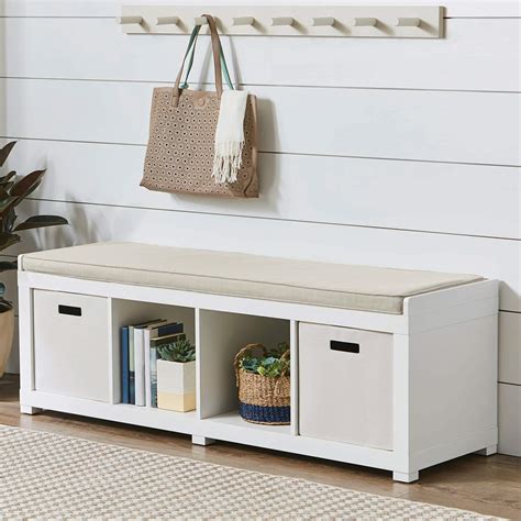 It features four square openings for easy storage opportunities. Better Homes and Gardens 4-Cube Organizer Storage Bench ...