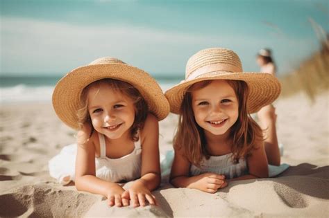 Ia generativa familia feliz niños hermanas gemelas en la playa en el mar Foto Premium