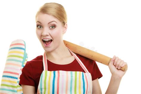 Funny Housewife Kitchen Apron Oven Mitten Holds Rolling Pin Isolated Stock Photos Free