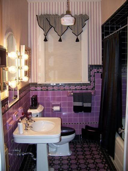 Vintage pink bathrooms are pretty darn versatile — depending on the shower curtain, wallpaper or artwork that you choose as inspiration, you can the formula for using paint in a pink and black bathroom is very similar to the wallpaper method. vintage purple & black tile bathroom For Alaina's bathroom ...