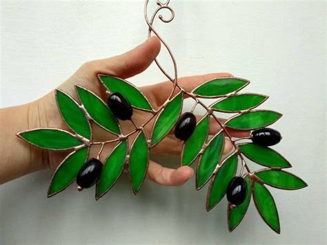 faux olive branch stained glass window hanging suncatcher etsy stained glass crafts stained