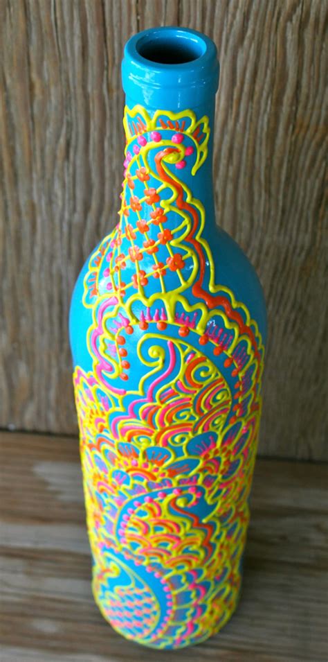 Hand Painted Wine Bottle Vase Turquoise Bottle With Sunshine Etsy