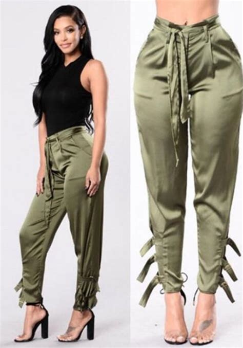 army green elastic high waist bandage drawstring stain long trousers pencil pants 2xl in 2021