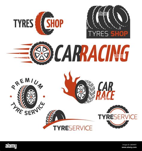 Automobile rubber tire shop, car wheel, racing vector logos and labels