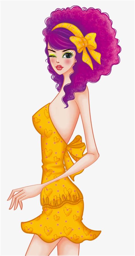 A Cartoon Girl With Purple Hair Wearing A Yellow Dress And Holding Her Hand On Her Hip
