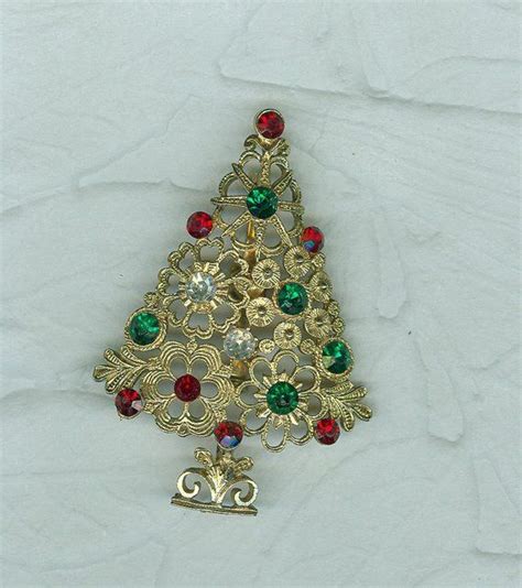 Lacy Floral Vintage Christmas Tree Pin Brooch Gold Rhinestones Etsy