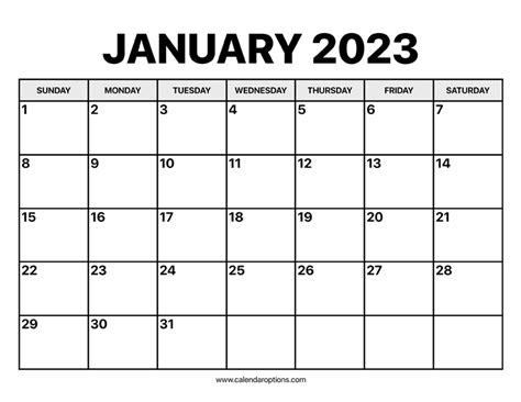 January Calendar 2023 Calendar Options