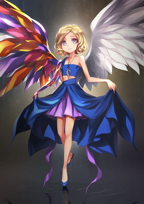 Safebooru 1girl Angel Angel Wings Asymmetrical Wings Blonde Hair Borrowed Character Cassie