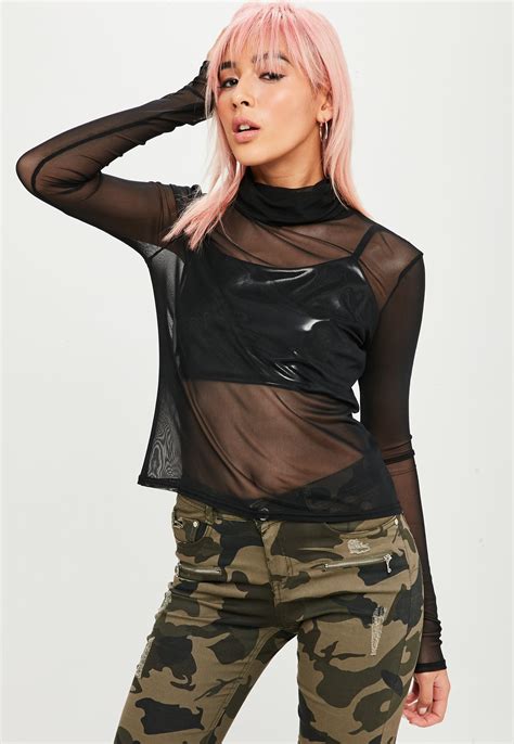 Lyst Missguided Black Mesh Roll Neck Top In Black
