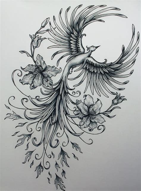 Grey Ink Girly Phoenix With Flowers Tattoo Design Phoenix Tattoo