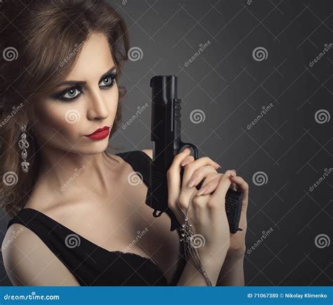 Beauty Young Woman With Gun Close Up Portrait Stock Photo Image Of