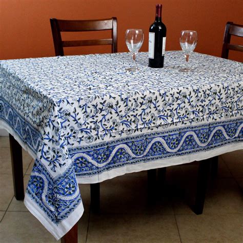 Hand Block Printed Cotton Floral Tablecloth Square 72 Inches Blue Green