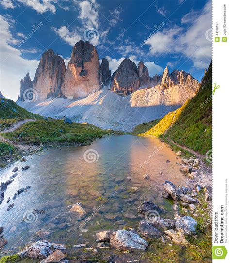Colorful Summer Morning In Italy Alps Tre Cime Di