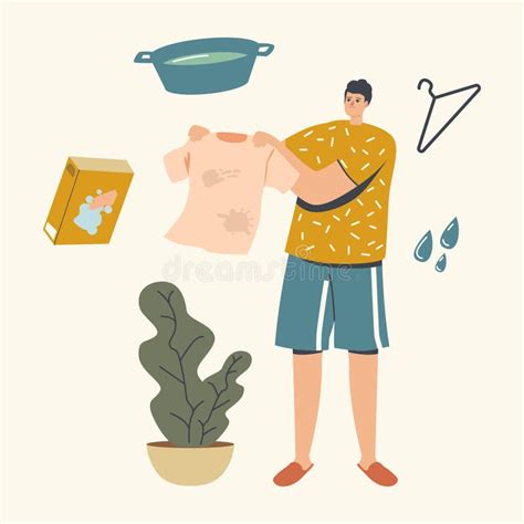 Male Character Holding Clothes With Stains Going For Washing Or