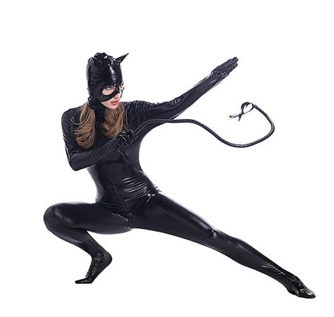 Mujeres Halloween Negro Catsuit Sexy Catwoman Traje Gatubela Cosplay Zentai Fetiche Látex Traje