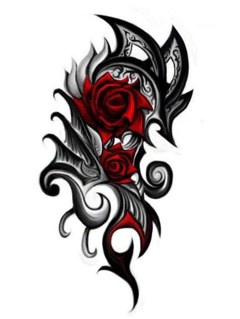 Black And Red 3d Gothic Roses Tattoo Design Tribal Heart Tattoos
