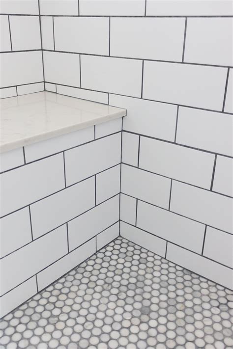 Master Bathroom Shower Subway Tile With Grey Grout Stone Bench And