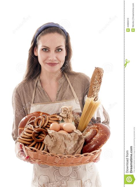 Housewife Holding A Wicker Tray With Bread Products Stock Image Image Of Pasta Beautiful