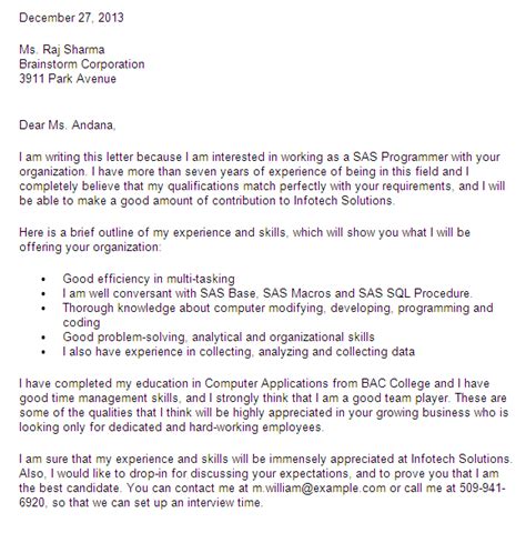 You can also see the applicant's resume. Cover Letter For SAS Analyst / Programmer