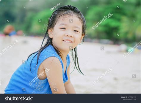 Little Asian Girl Playing Sea Sand Stock Photo 1055702957 Shutterstock