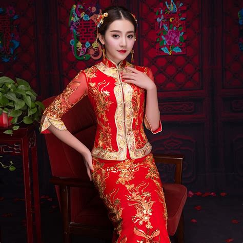 Chinese Traditional Women Qipao Red Oriental Asian Bride Wedding Party Dress Retro Embroidery